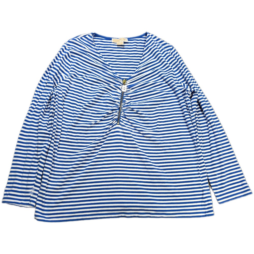 Michael Kors Striped V-Neck Zip Front Top Women's Size 2X Blue White Long Sleeve